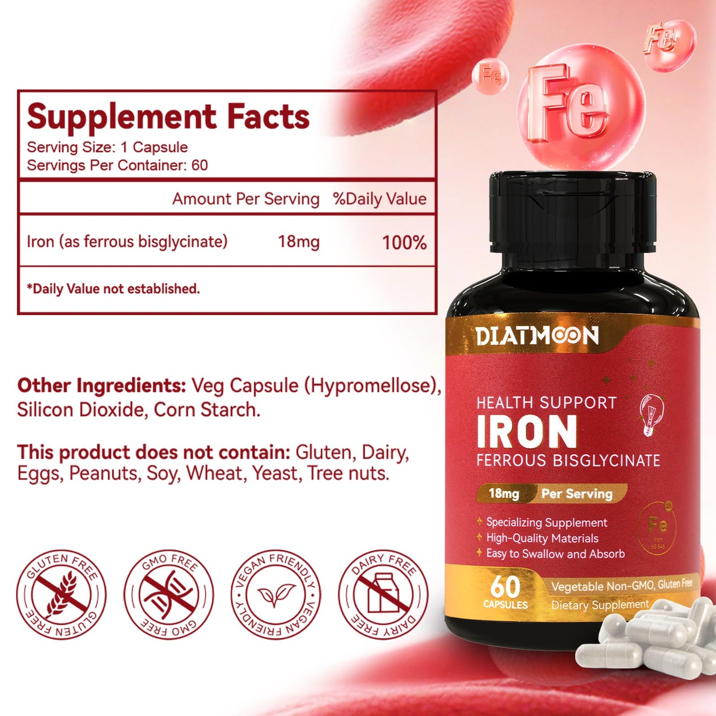 DIATMOON Iron Bisglycinate Capsules 120 Count
