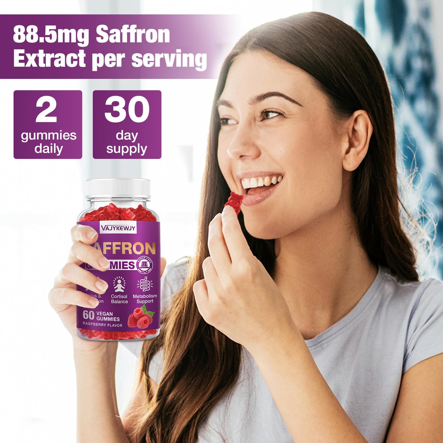 VAJYKEWJY Saffron Gummies (88.5 mg) with Magnesium — Enhanced with St. John’s Wort, Rhodiola, Ashwagandha & Vitamins B6, B12, D3 for Mood & Focus Support, 60 Gummies