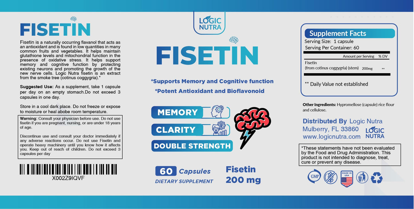 Logic Nutra Fisetin Double Strength 200 mg Capsules, 60 Count