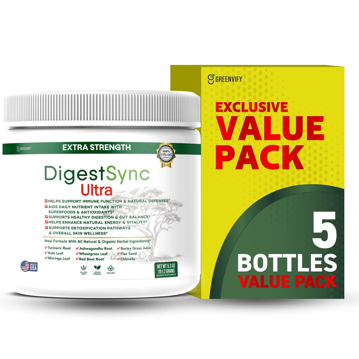 GREENVIFY DigestSync Ultra Extra Strength Digestive Support Supplement with Organic Superfoods Capsules, 300 Capsules