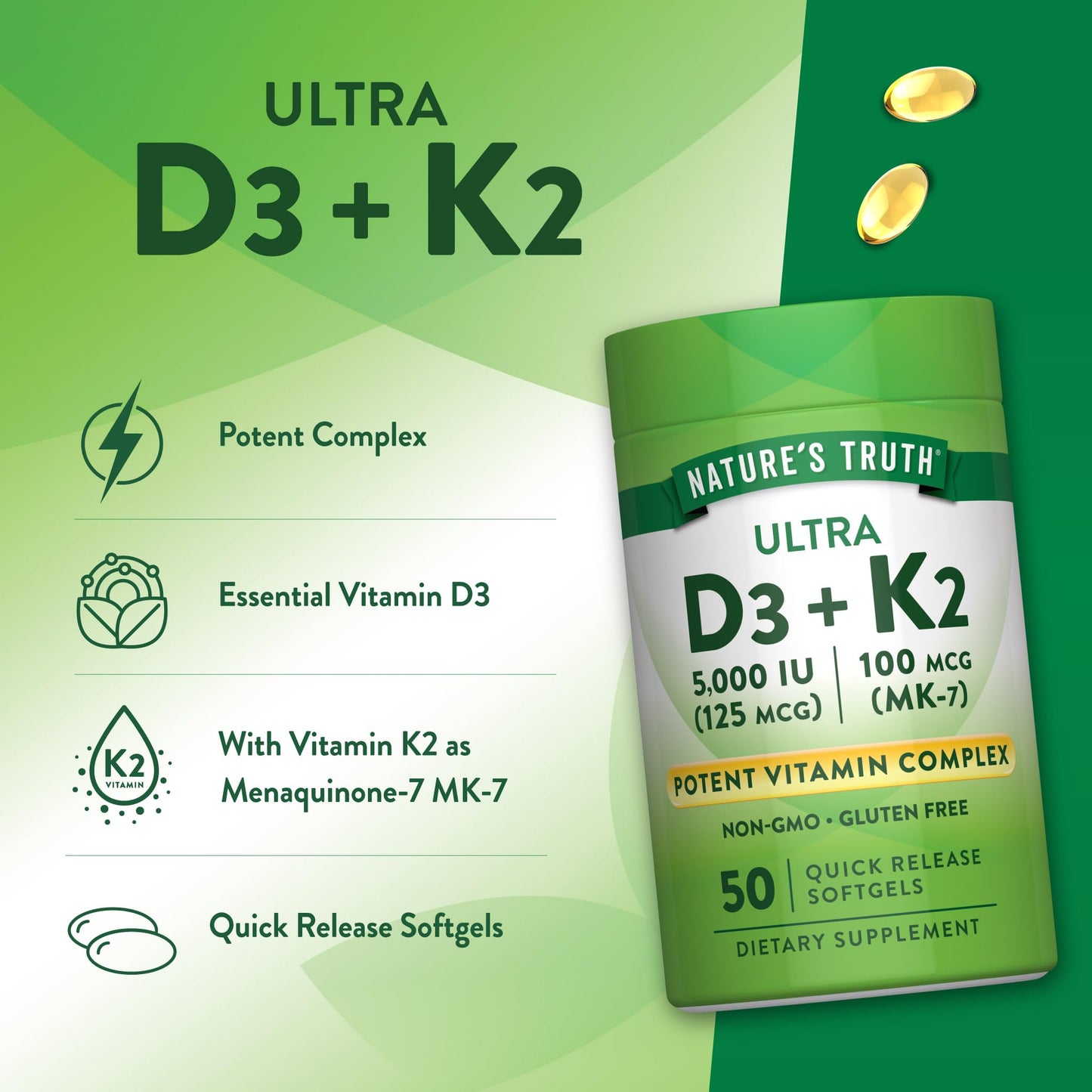 Nature's Truth Vitamin K2 MK7 Complex Softgels 100 mcg, with D3, 50 Count