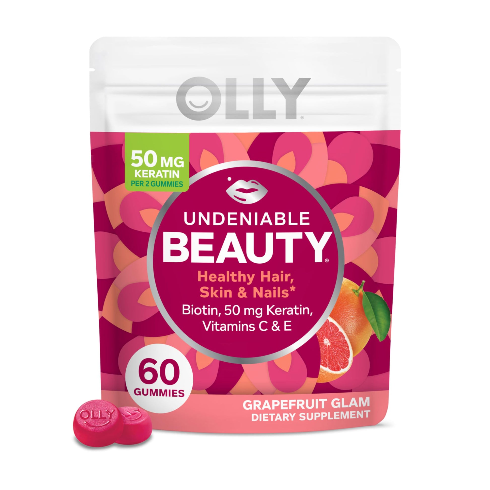 OLLY Undeniable Beauty Gummy, For Hair, Skin, Nails, Biotin, Vitamin C, Keratin, Chewable Supplement, Grapefruit, 60 Count