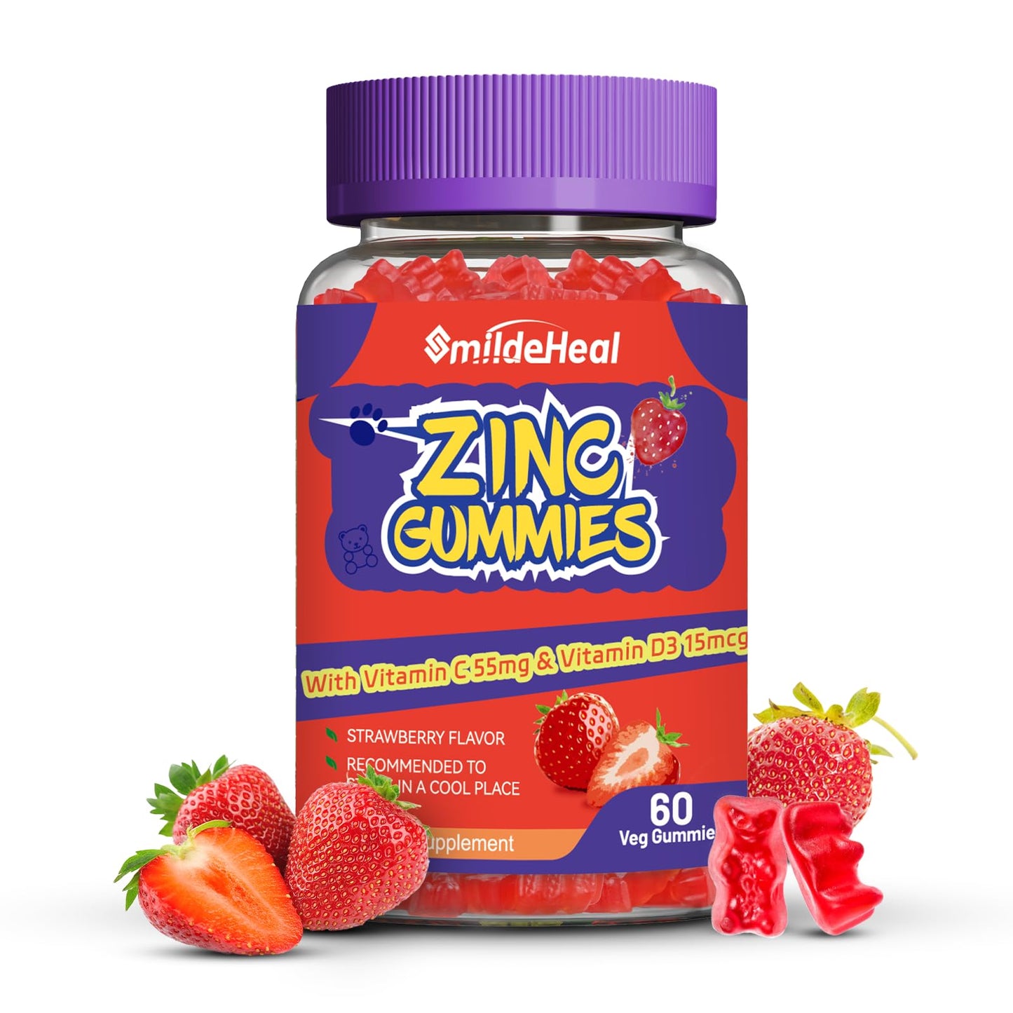 SmildeHeal Zinc Gummies 50mg Zinc Citrate with Vitamin C and D3, 60 Count