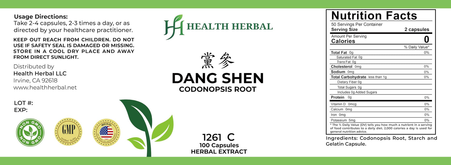 Health Herbal Dang Shen/Codonopsis Root Capsules, 100 Capsules per Bottle, 2 Bottles