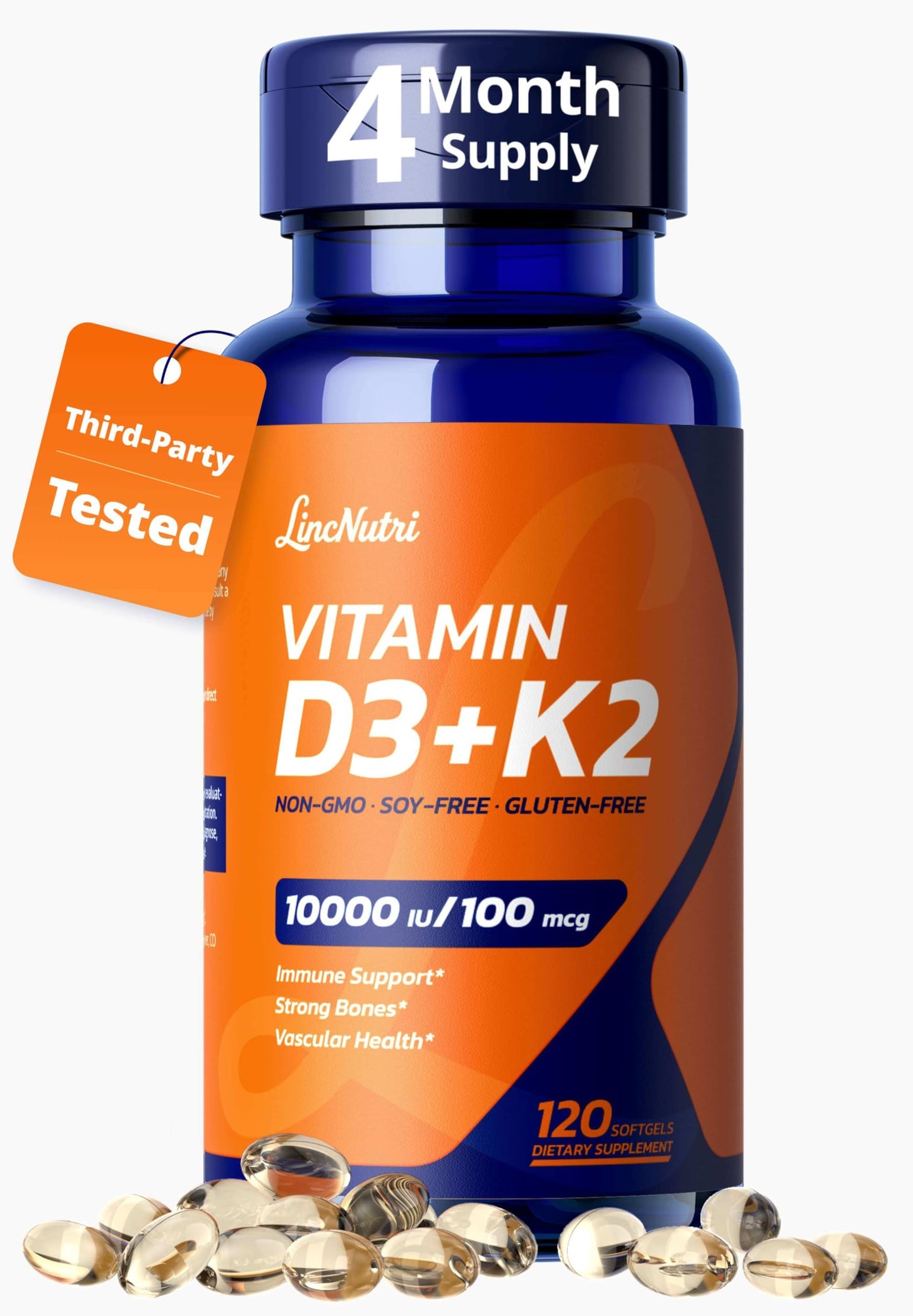 LincNutri Vitamin D3 K2 10000IU MK-7 100mcg Capsules 120 Capsules