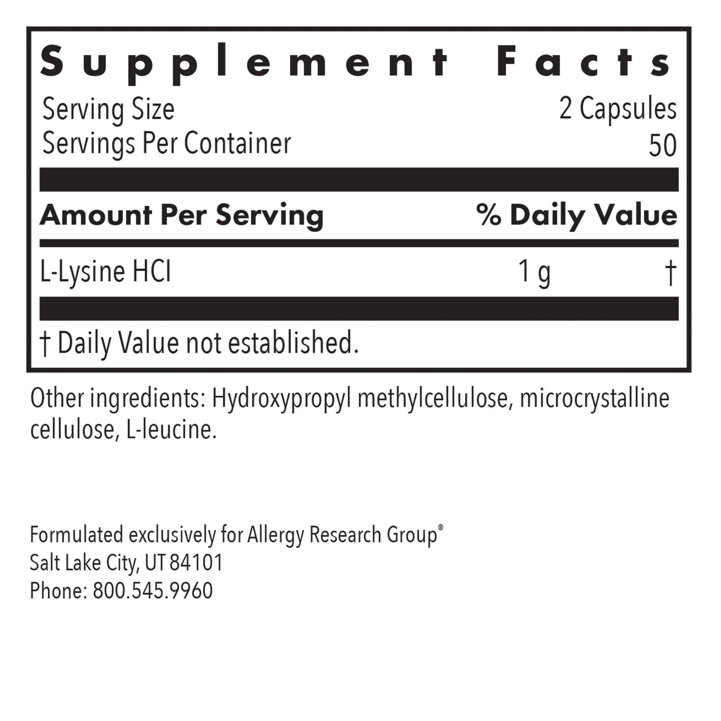 Allergy Research Group NutriCology L-Lysine 500 mg Capsules, 100 Capsules