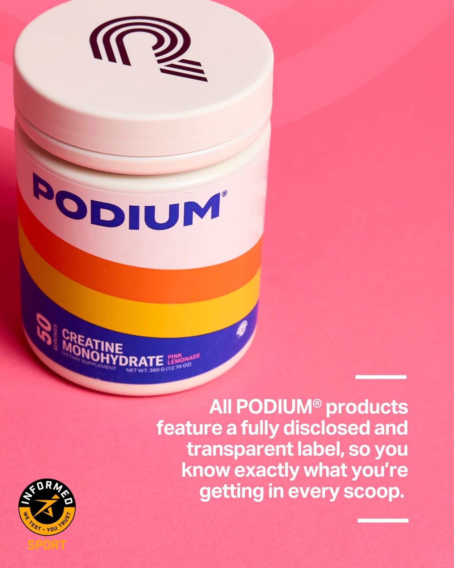 Podium Nutrition Solos Creatine Monohydrate Powder Pink Lemonade 12.7 oz