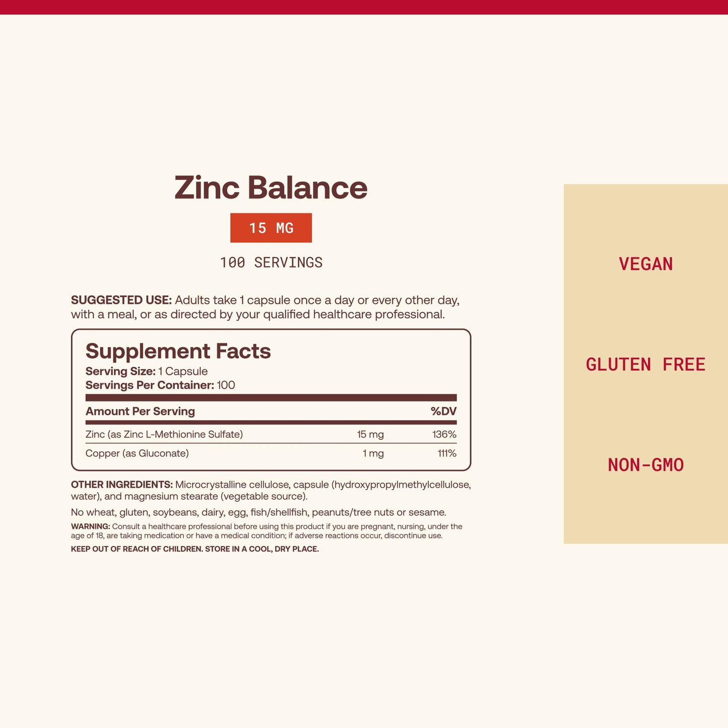 Jarrow Formulas Zinc Balance 15 mg with Copper Capsules, 100 Count