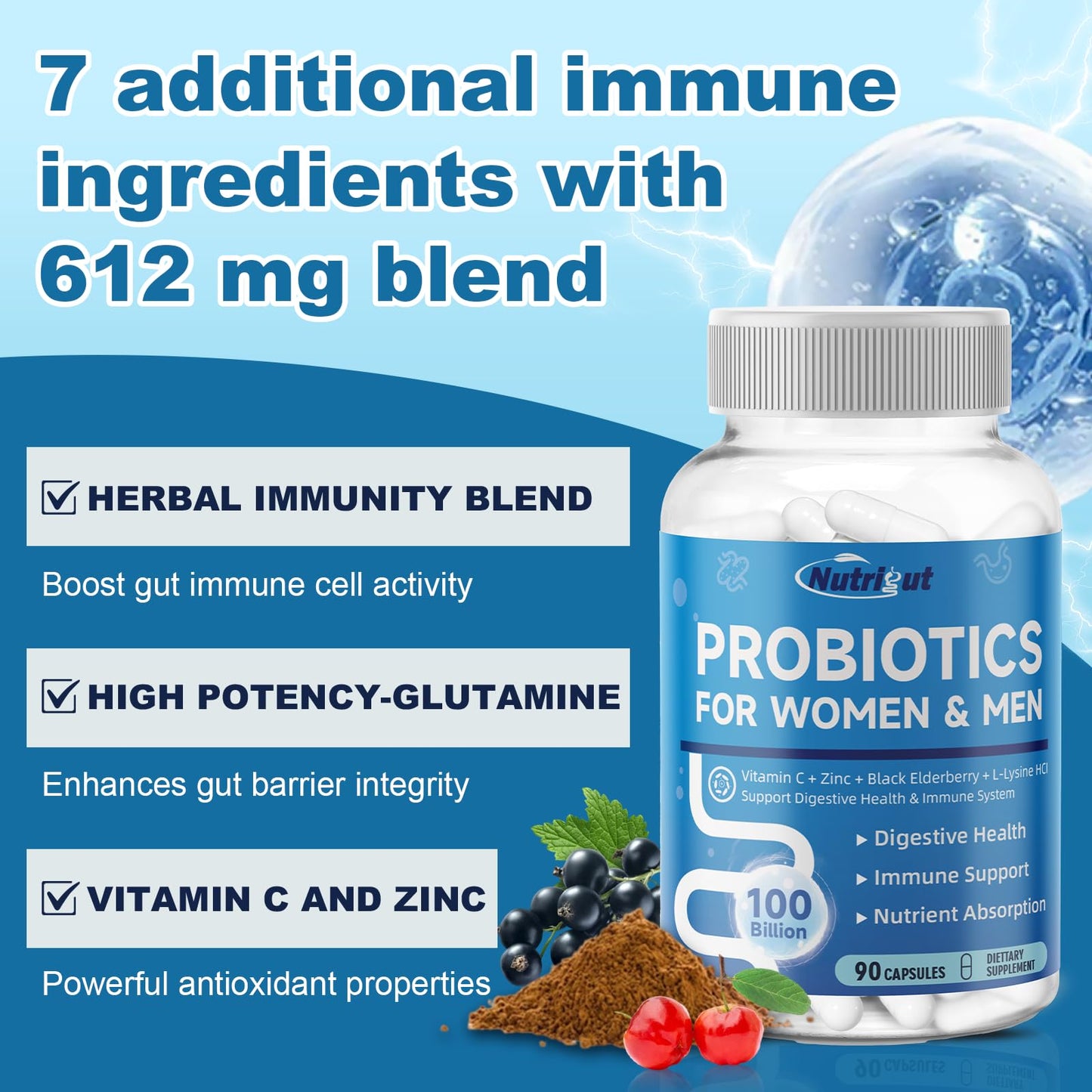 NutriGut Probiotics for Women and Men Digestive Health with 100 Billion CFUs, Gut Health & Immune Support with Prebiotics and Multivitamin, Capsule, 90 Count
