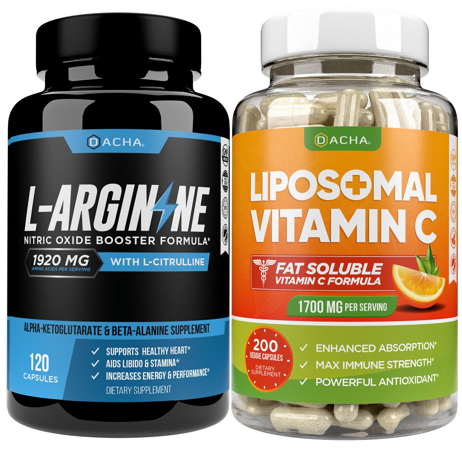 DACHA Max Strength Nitric Oxide Booster Bundle with L-Arginine & Liposomal Vitamin C, L-Citrulline, Ascorbyl Palmitate, Natural Absorb Boost Formula, 2 Capsules