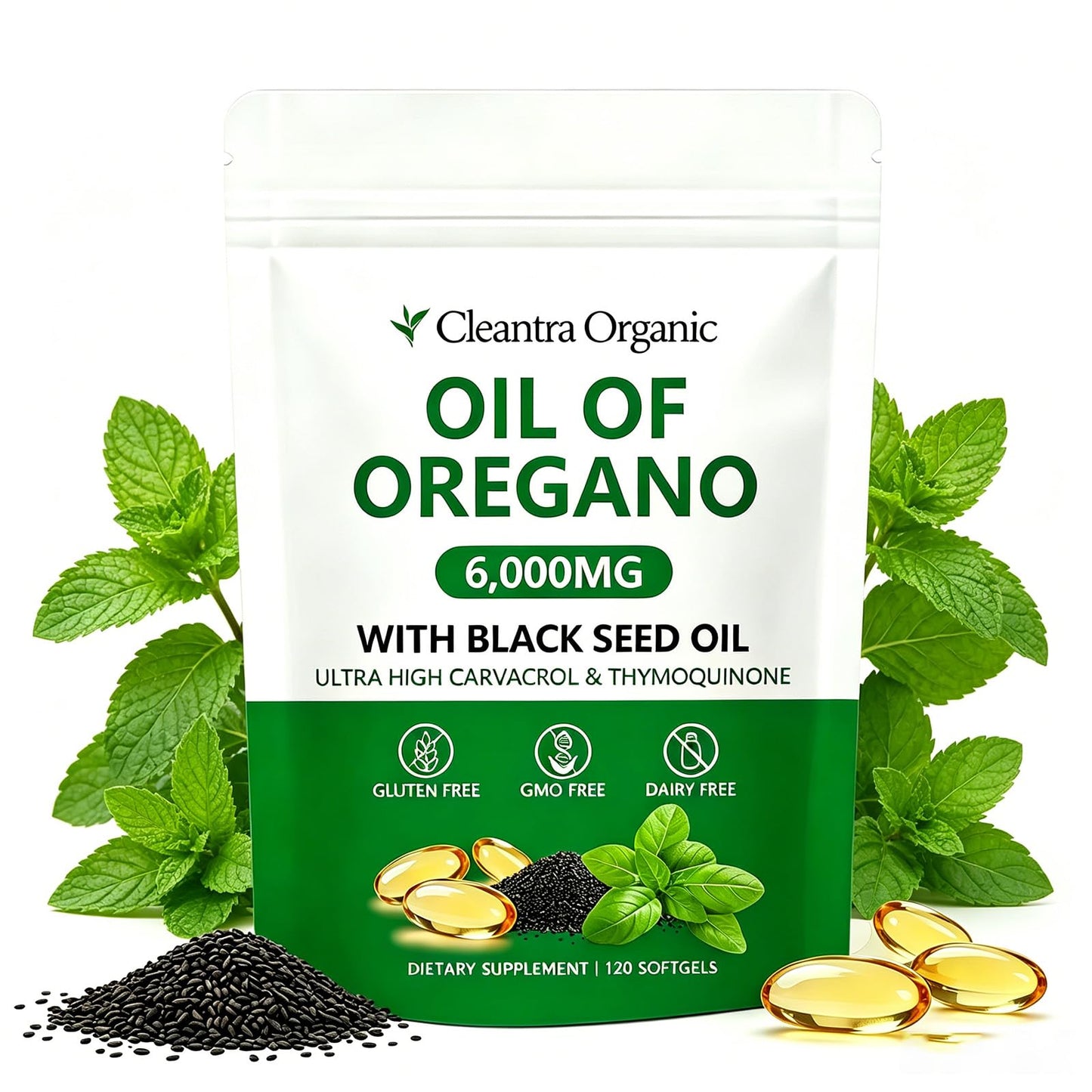 Cleantra Organic Oil of Oregano with Black Seed Oil 6000mg, 2-in-1 Oregano Oil Softgels, 120 Count