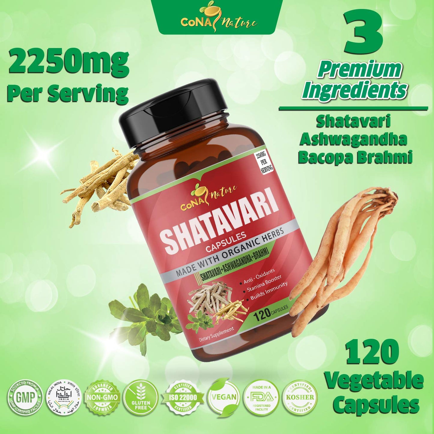 Cona Nature Organic Shatavari Powder Capsules 2250mg with Ashwagandha, Brahmi Extract, 120 Capsules