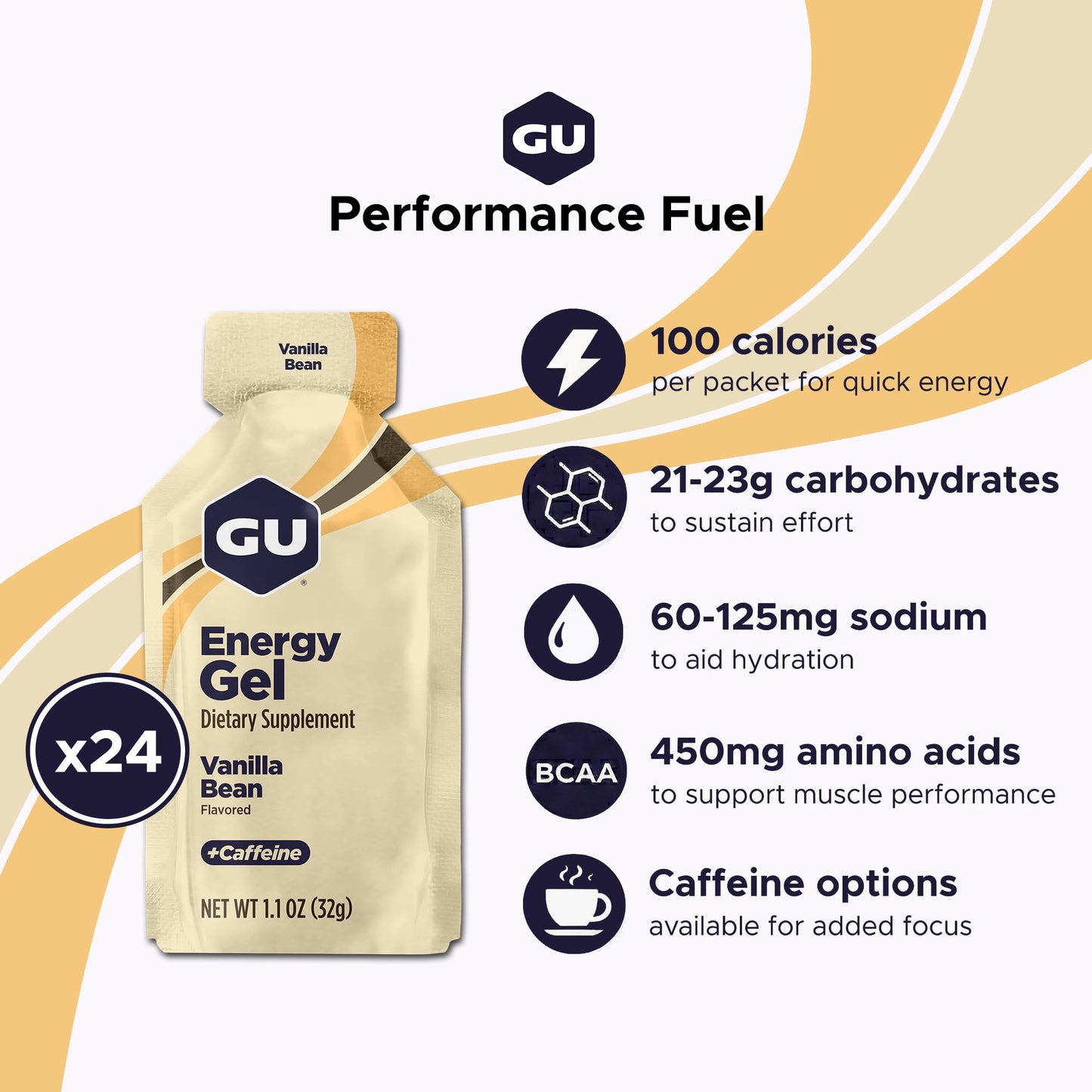 GU Energy Original Sports Nutrition Energy Gel, Vanilla Bean, 26.4 Oz, 24 Count