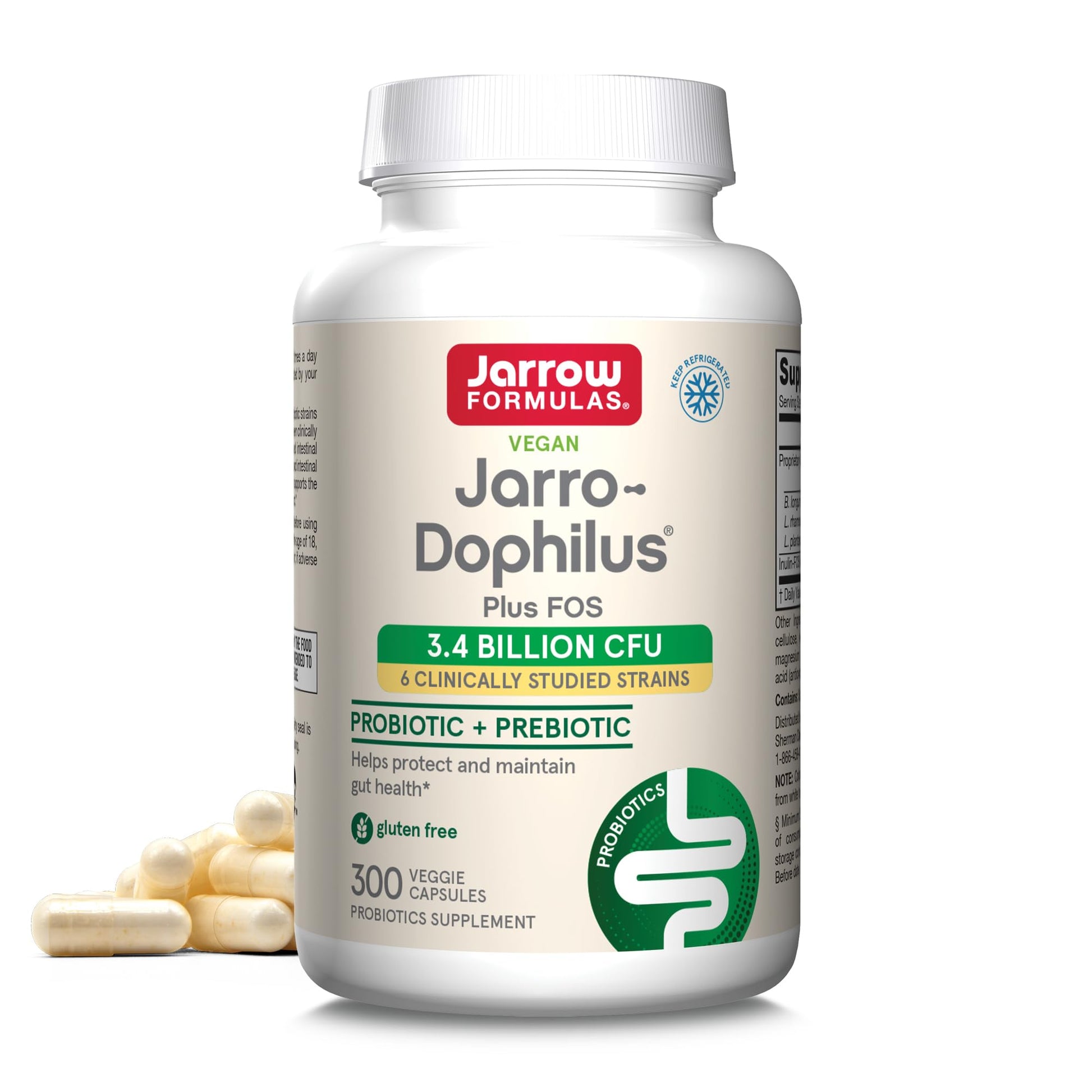 Jarrow Formulas Jarro-Dophilus + FOS 3.4 Billion CFU Per Serving Prebiotic & Probiotics Supplement for Immune & Intestine Support, Capsule, 300 Capsules