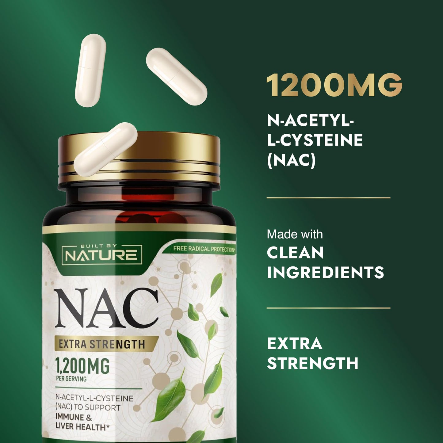 Built by Nature NAC Supplement 1200mg N-Acetyl-L-Cysteine Capsules, 120 Count