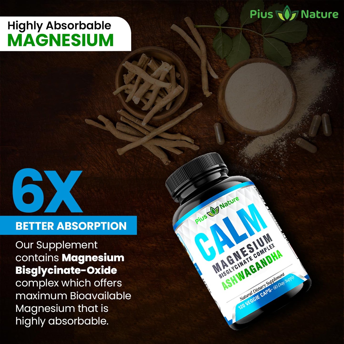 PIUS NATURE Calm Magnesium Glycinate with Ashwagandha Root Extract Capsules, 120 Capsules