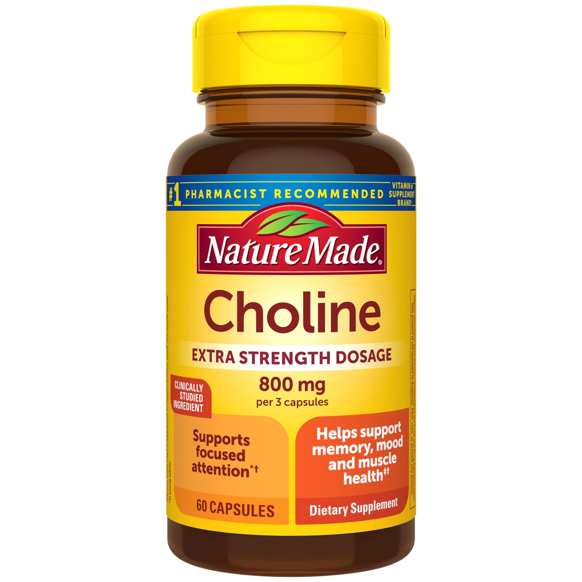 Nature Made Choline Supplements Extra Strength 800 mg per 3 Capsules, 60 Capsules