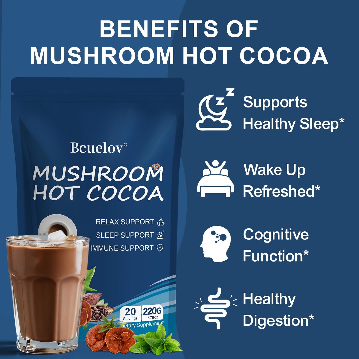 Bcuelov Mushroom Hot Cocoa Powder with Reishi Mushroom, Melatonin, Glycine, Cacao, L-Theanine, Chicory to Help Fall Asleep and Stay Asleep, 7.76 Ounce