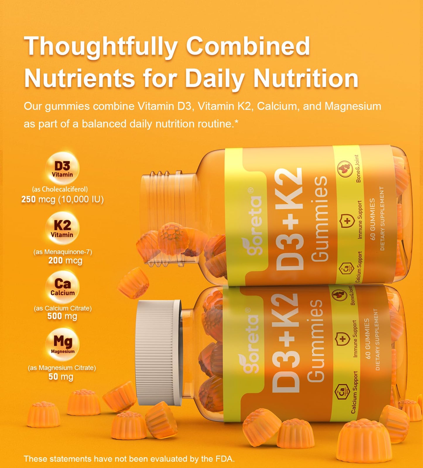 Goreta Vitamin D3 K2 Gummies 10,000 IU MK-7 Calcium & Magnesium, 60 Count