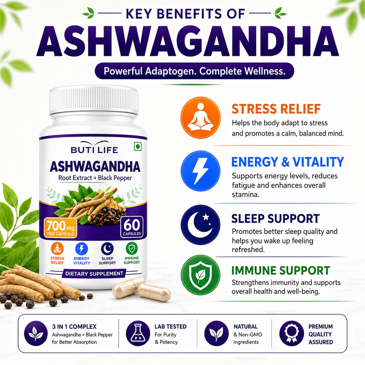 BUTI LIFE Ashwagandha 700mg Capsules 120 Count
