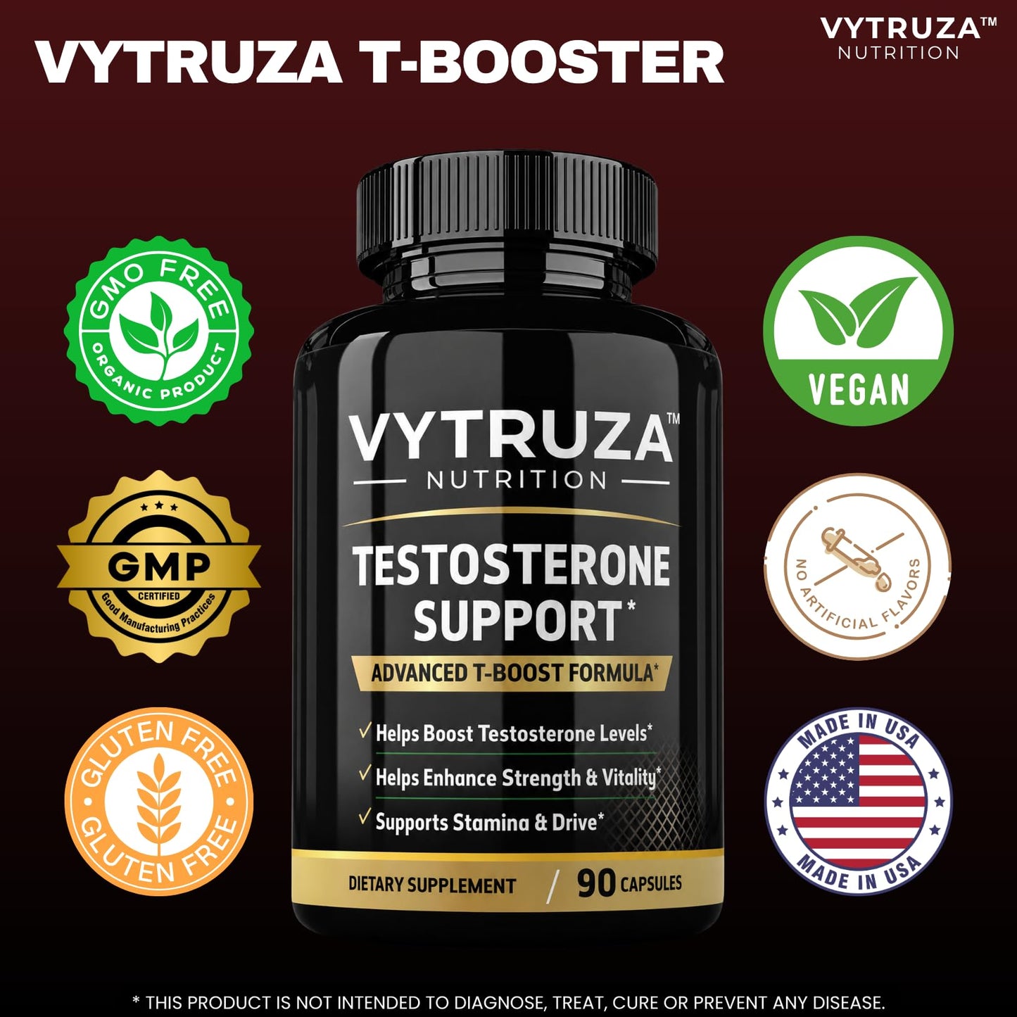 VYTRUZA Testosterone Supplement for Men - Advanced T-Boost Formula for Energy, Strength, Stamina - Natural Testosterone Booster for Men Muscle Growth Support, 90 Capsules