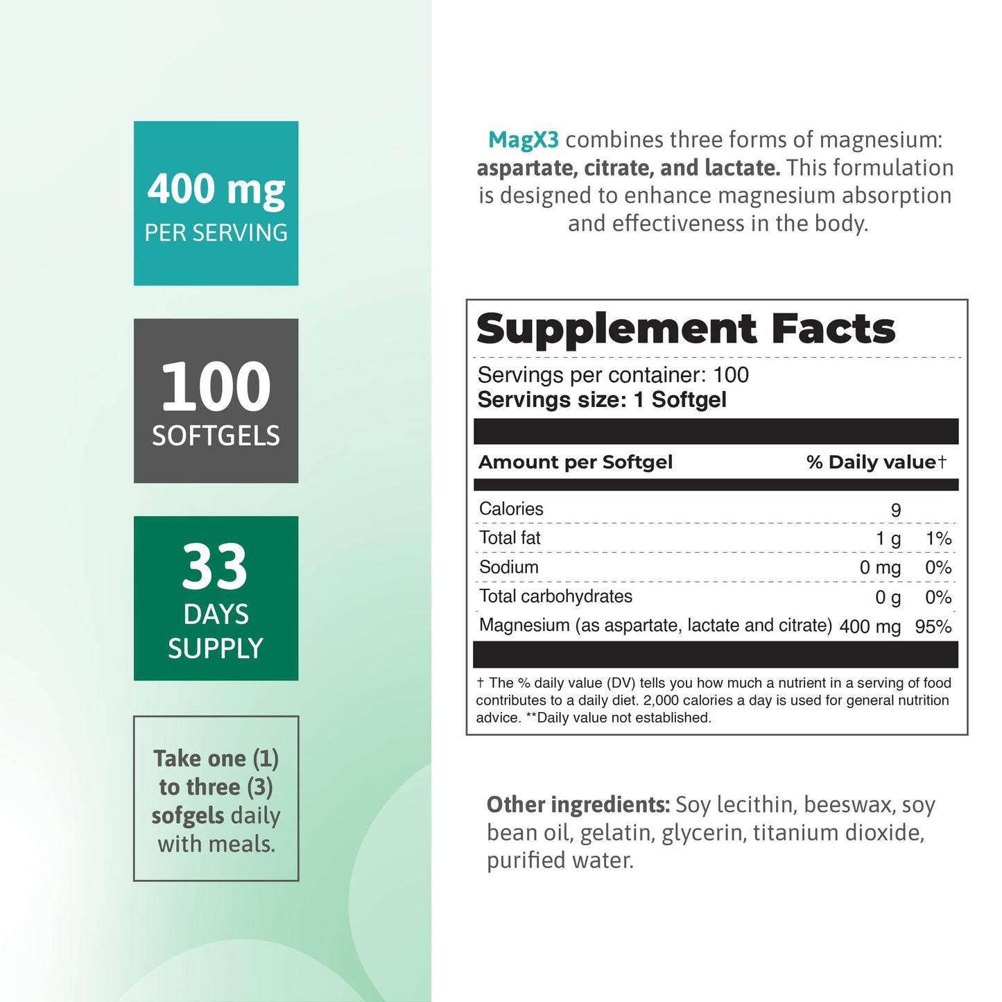 Nutra Nutrition Magnesium Citrate Complex 400 mg Triple Magnesium Softgel 100 Count