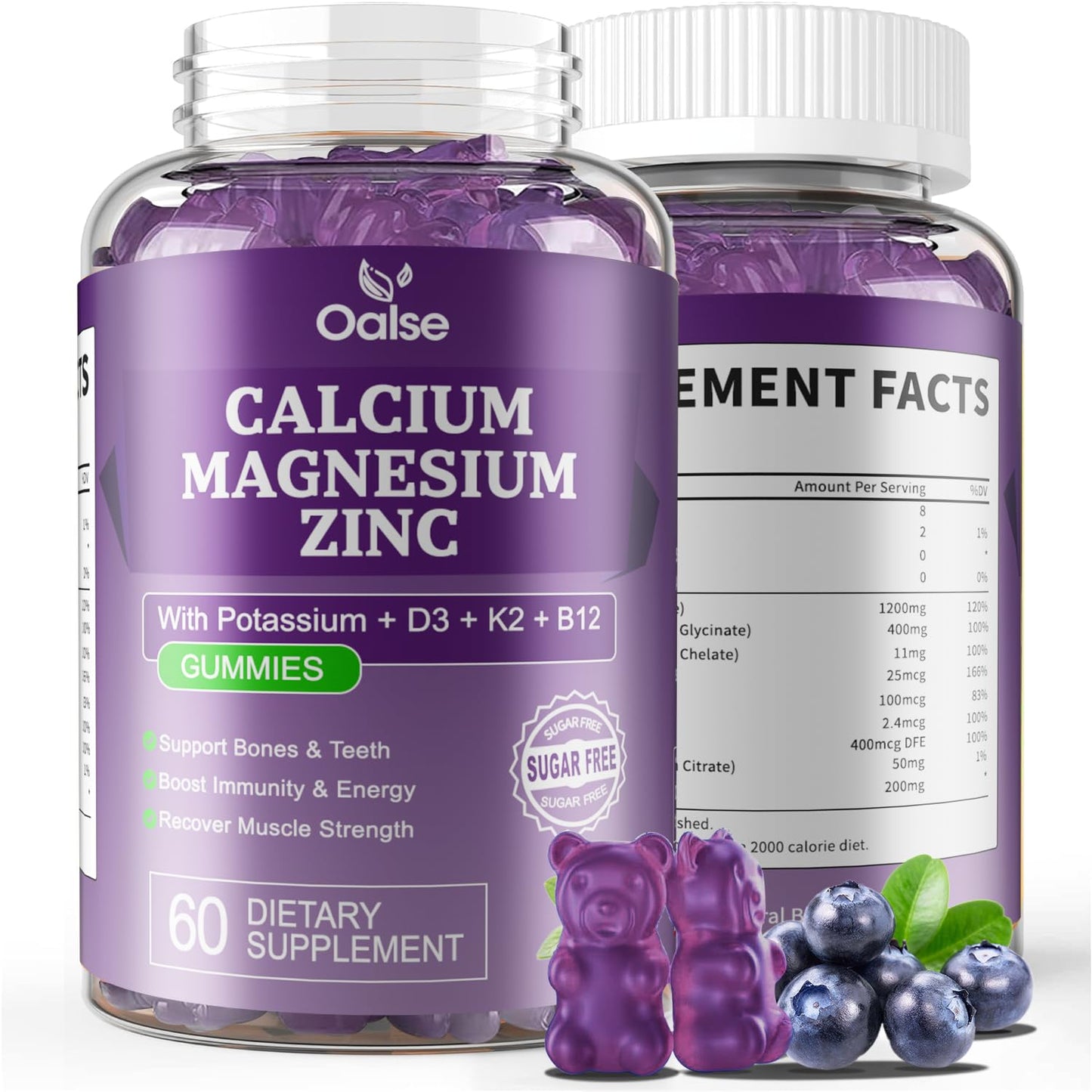 OALSE Calcium Magnesium Zinc Gummies with Vitamin D3 & K2-High Absorption Magnesium Glycinate-Muscles, Immune & Sleep Support-Sugar Free- Blueberry Flavored, 60 Gummies