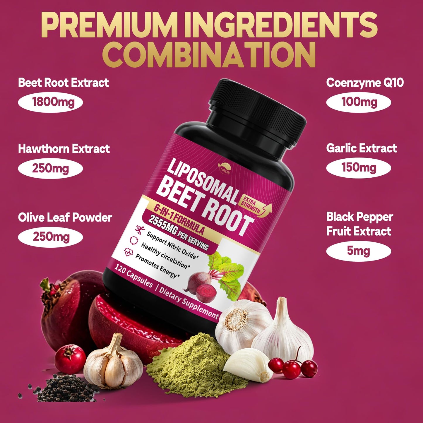 VPKIN Beet Root Capsules 2555mg for Nitric Oxide, Heart & Circulation Support with Olive Leaf & Hawthorn Berry, Vegan, 120 Capsules