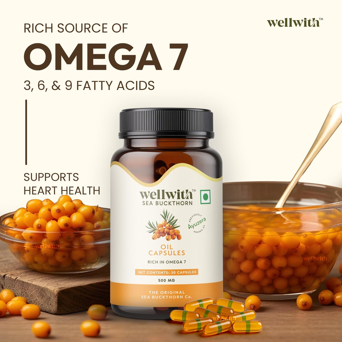 Wellwith Sea Buckthorn Berry Oil Vegan Omega 7 500mg Capsule, 1 Count