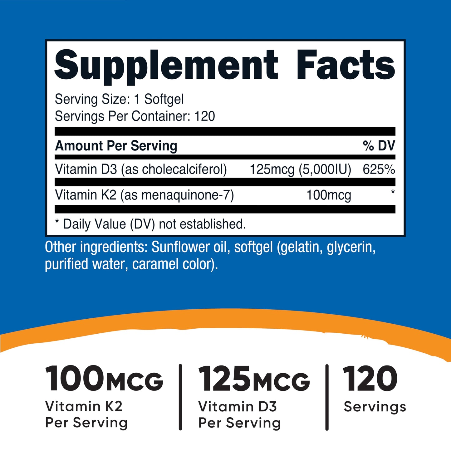 Nutricost Vitamin D3 + K2 (5000 IU D3 / 100mcg MK7) Softgels 120