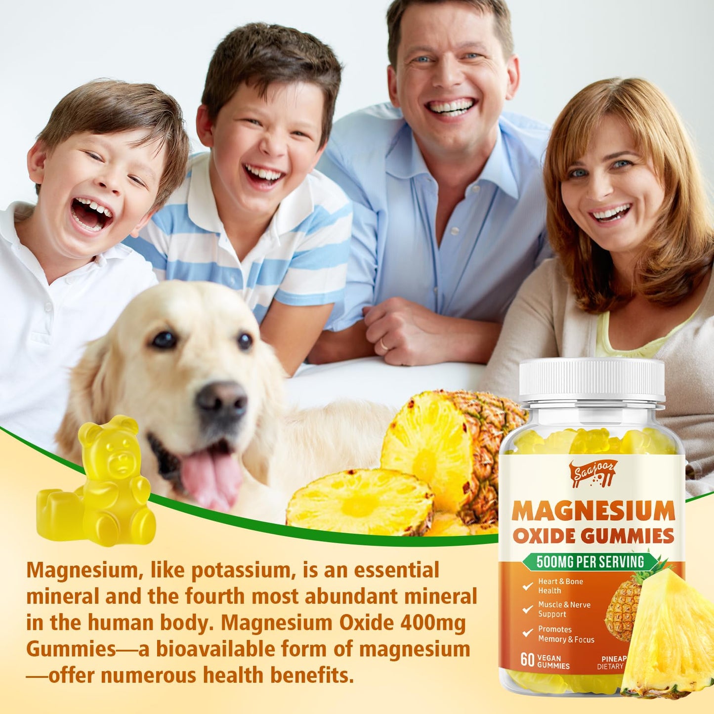 Saajoor Magnesium Oxide 500mg Gummies, 60 Count