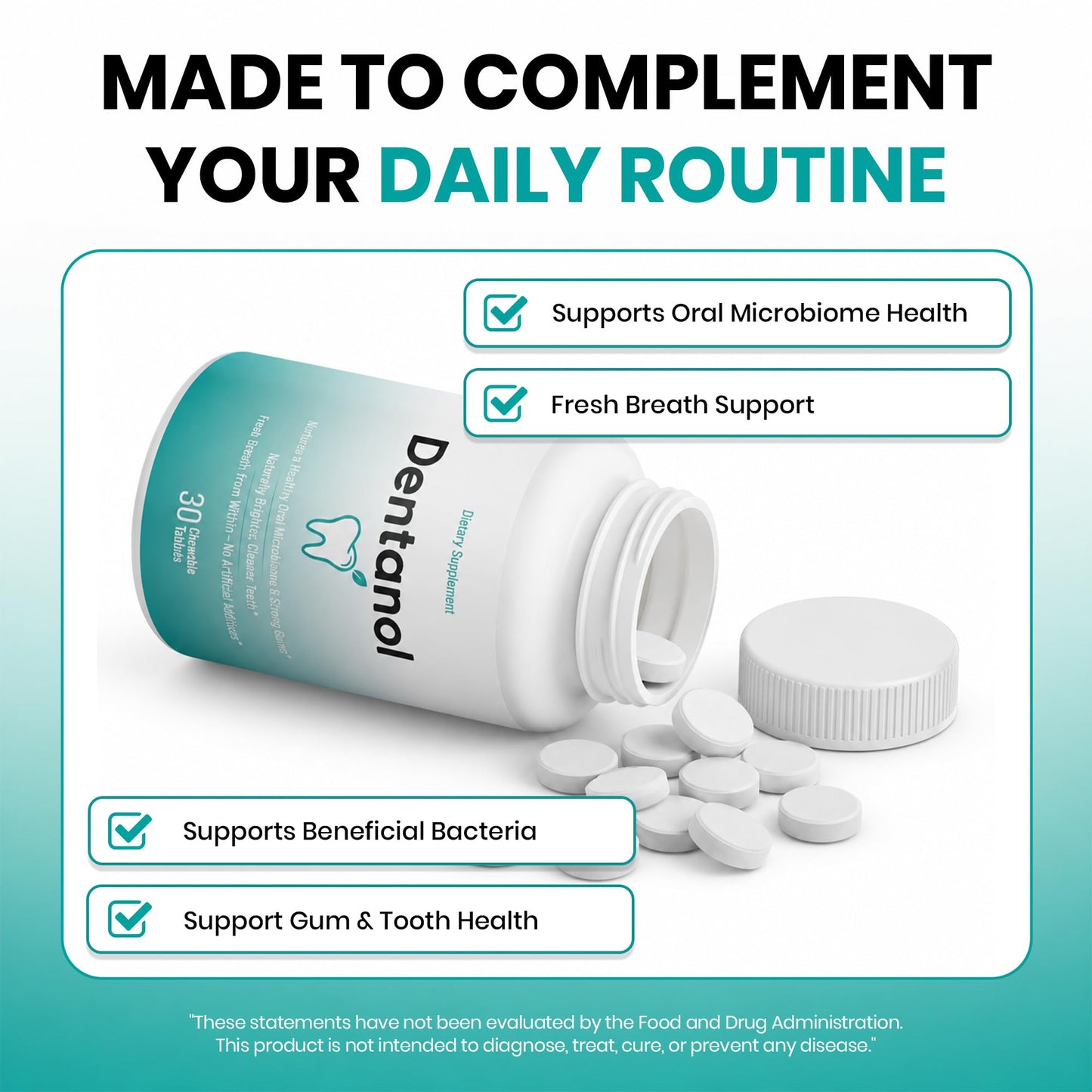 DENTANOL Oral Probiotic Supplement Arctic Pine Resin & 4 Probiotic Strains – Supports Gum Health, Fresh Breath & Oral Microbiome Balance, 180 Chewable Tablets