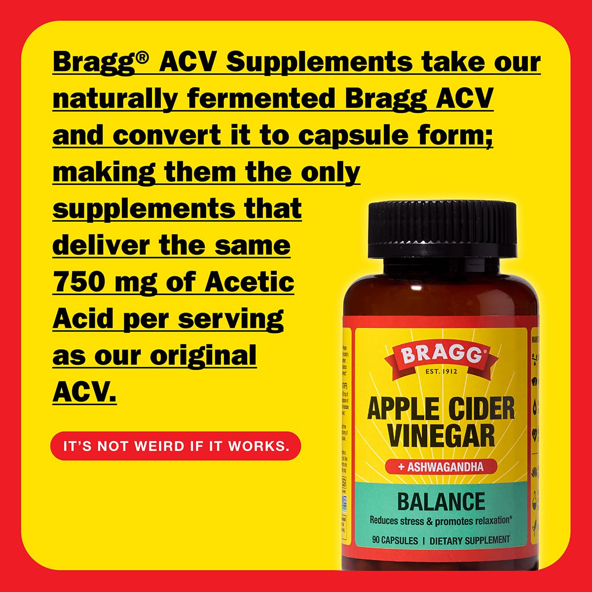 Bragg Apple Cider Vinegar Capsules with Vitamin D and Zinc Balance and Ashwagandha, 270 Count