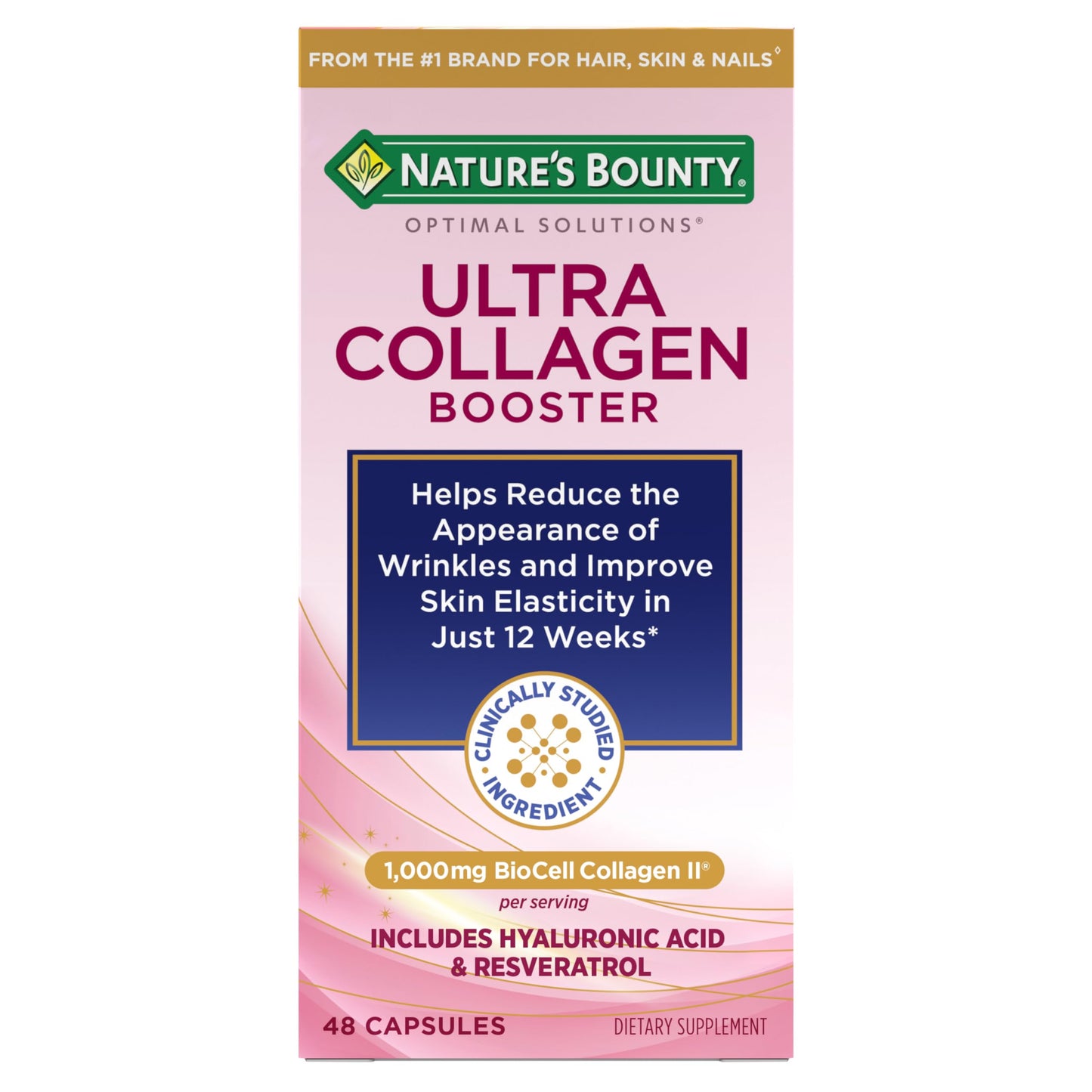 Nature's Bounty Optimal Solutions Ultra Collagen Booster for Healthy-Aging Supplement, Resveratrol, Hyaluronic Acid – Collagen Capsules, 48 Count