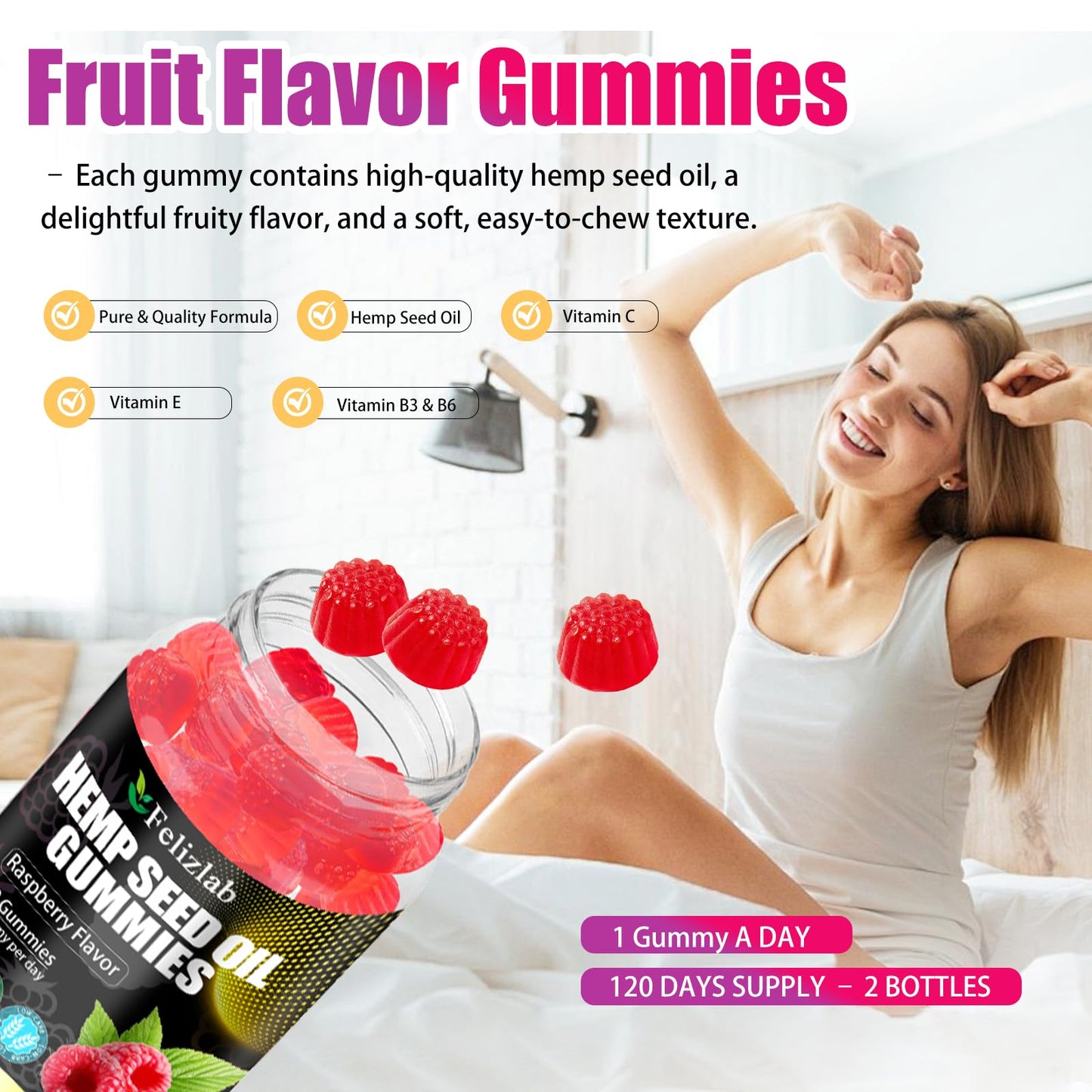 Felizlab Hemp Gummies for Sleep, Pain & Anxiety, Omega-3-6-9 & Vitamin B, 120 Count