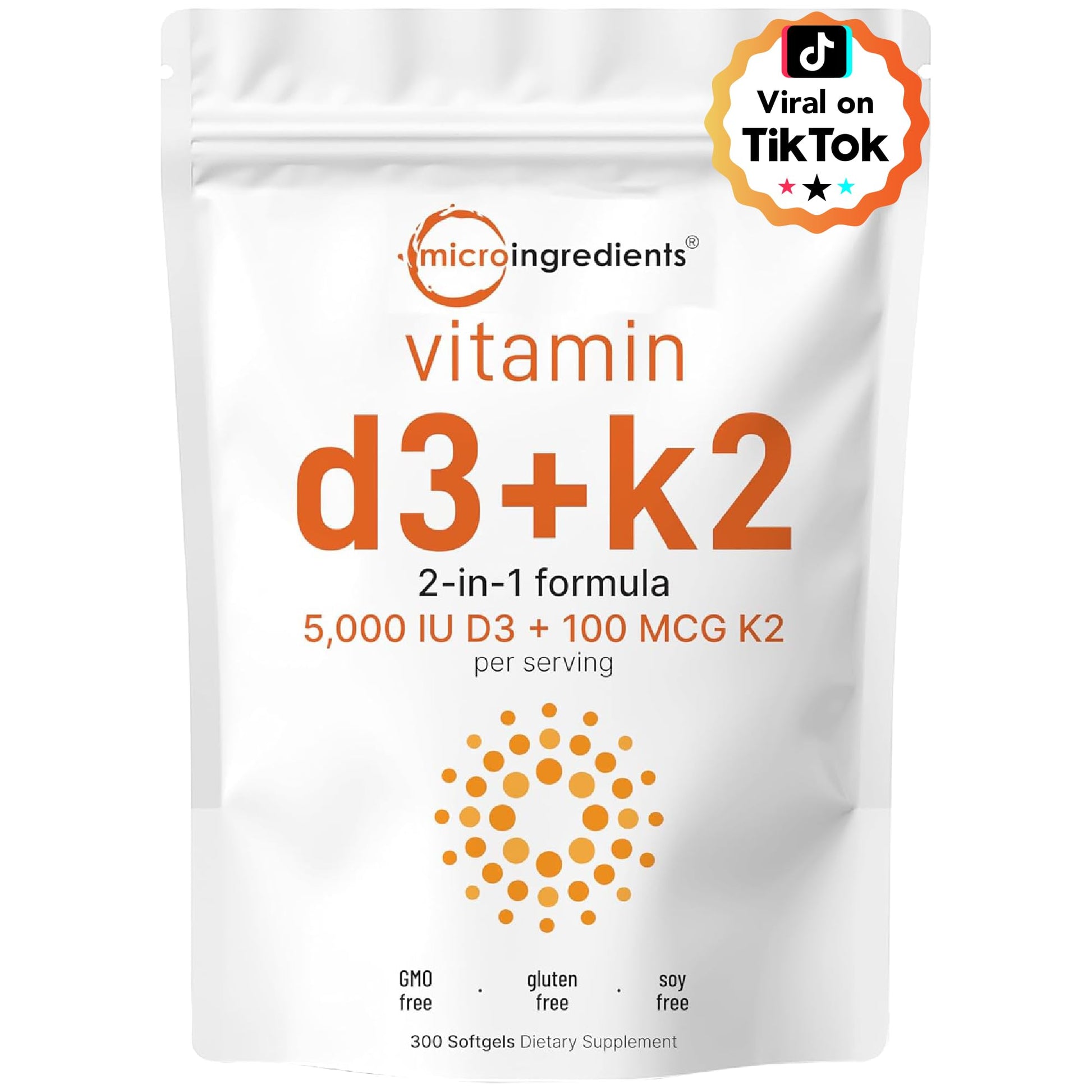 Micro Ingredients Vitamin D3 5,000 IU + K2 MK-7 100 mcg Softgels, 300 Count