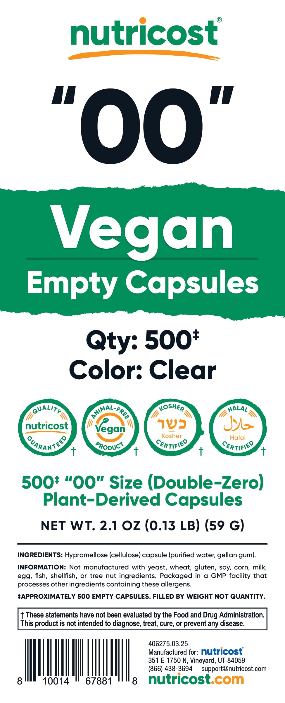 Nutricost Empty Capsules Size 00, 500 Count