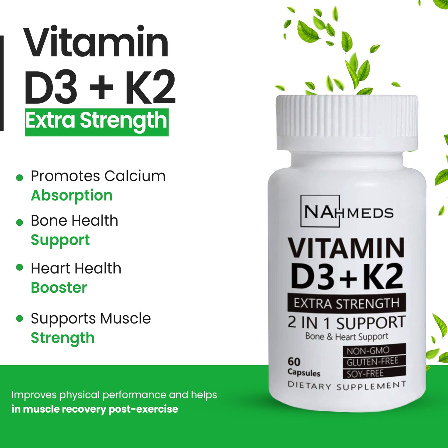 NAhmeds Vitamin D3 + K2 Extra Strength Capsules, 60 Capsules