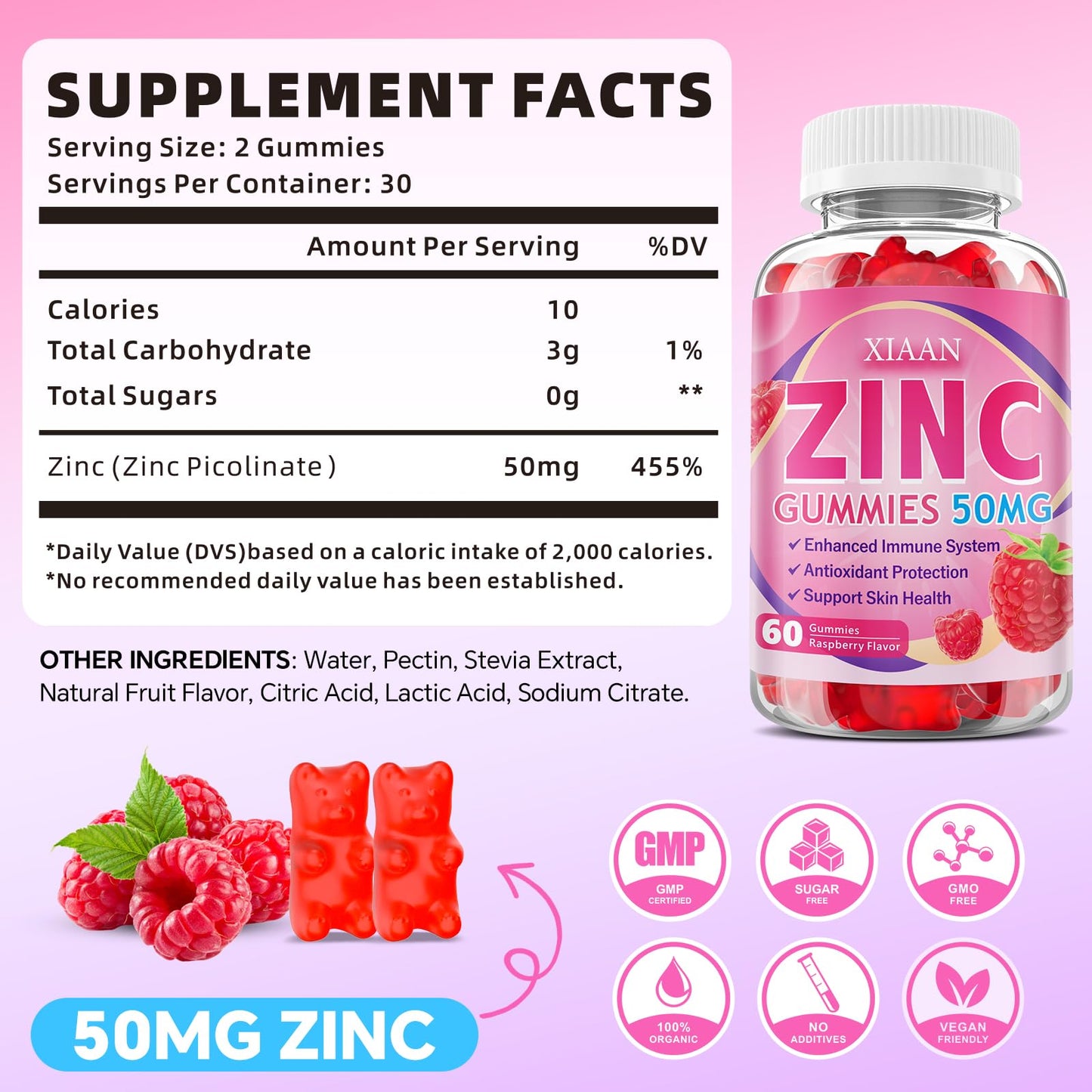 XIAAN Zinc Picolinate Gummies 50mg for Kids & Adults, Raspberry Flavor, 60 Count