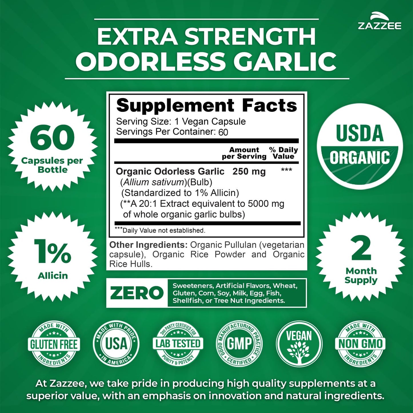 Zazzee USDA Organic Odorless Garlic 20:1 Extract, 1% Allicin, 60 Capsules