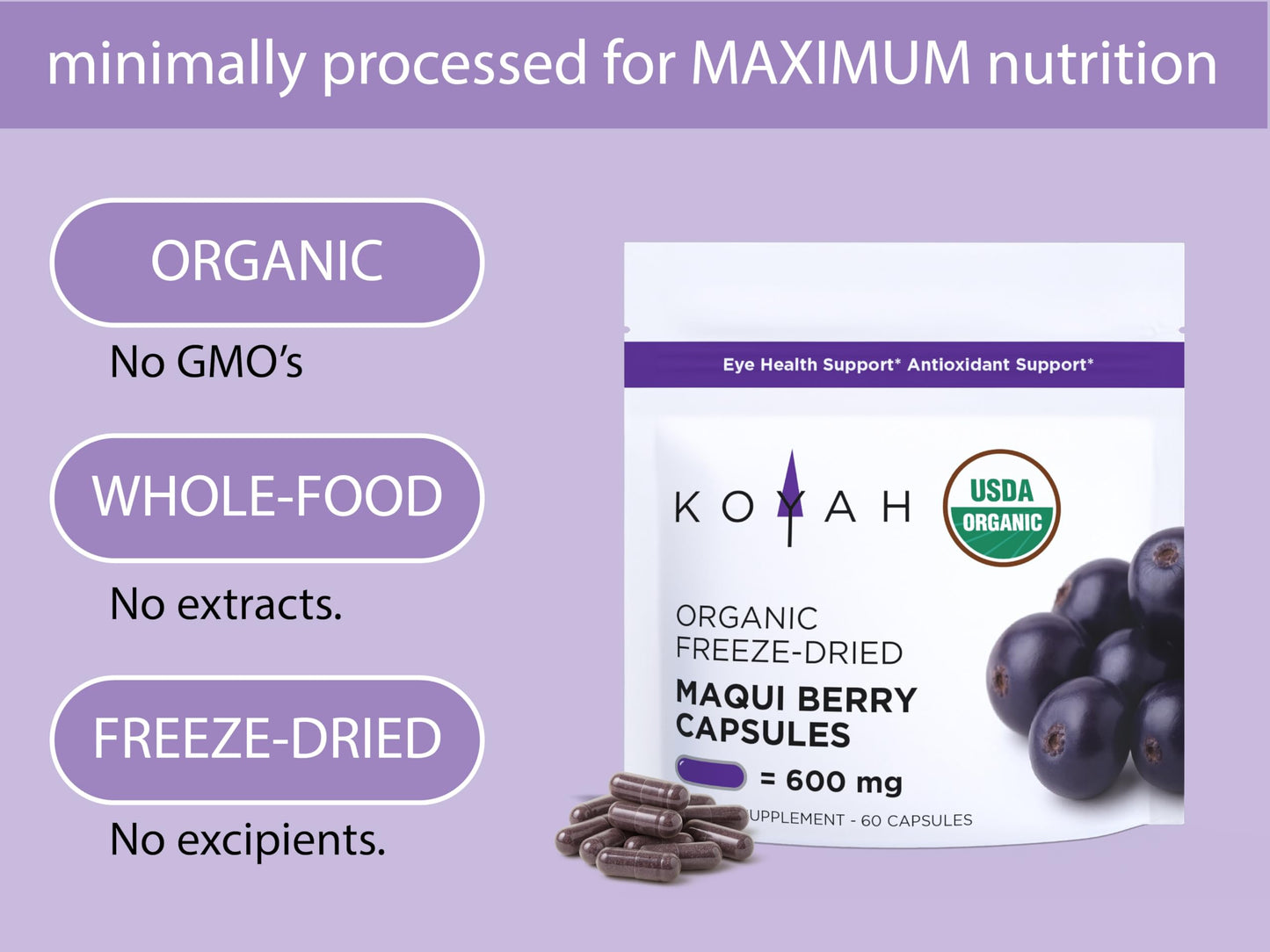 KOYAH Organic Maqui Berry Capsules, 600 mg per Capsule, 60 Capsules