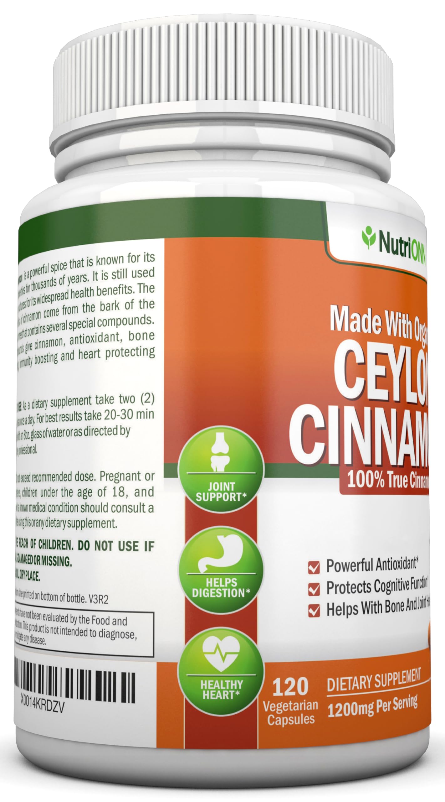 NutriONN Organic Ceylon Cinnamon 1200 mg Capsules, 120 Count