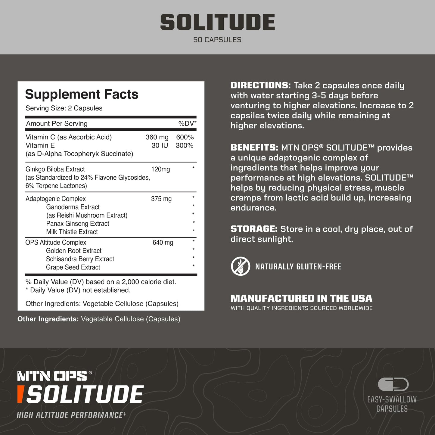 MTN OPS Solitude High-Altitude Performance Adaptogenic Complex - Reishi Mushroom & Milk Thistle, Altitude Complex - Golden Root, Schisandra and Grapeseed Extracts Capsules 25 Count