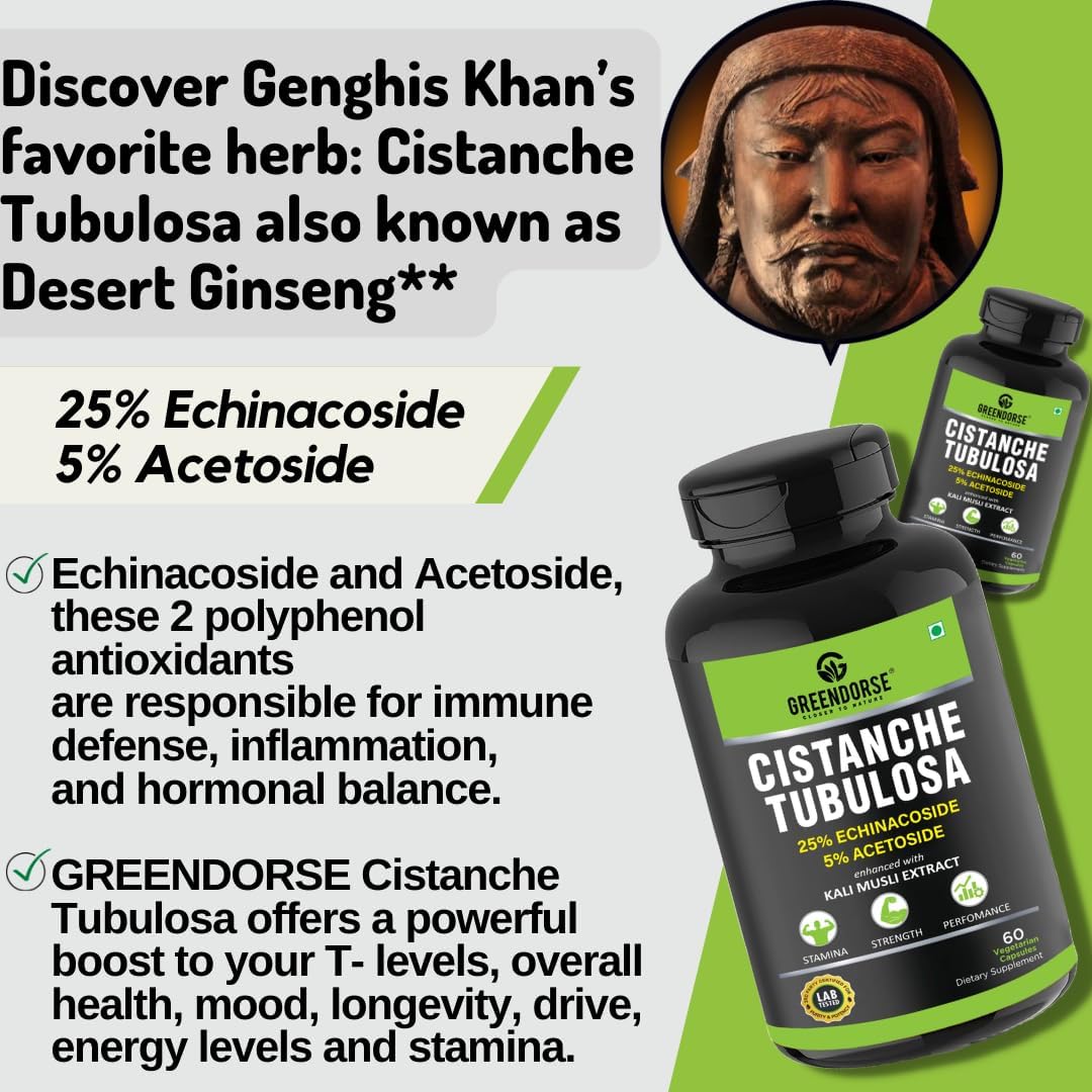 Generic Organic Cistanche Tubulosa Standardised to 25% Echinacoside, 5% Acetoside with Kali Musli Extract 1000mg, 3rd Party Tested for Strength, Performance, Vitality, 60 Veg Capsules