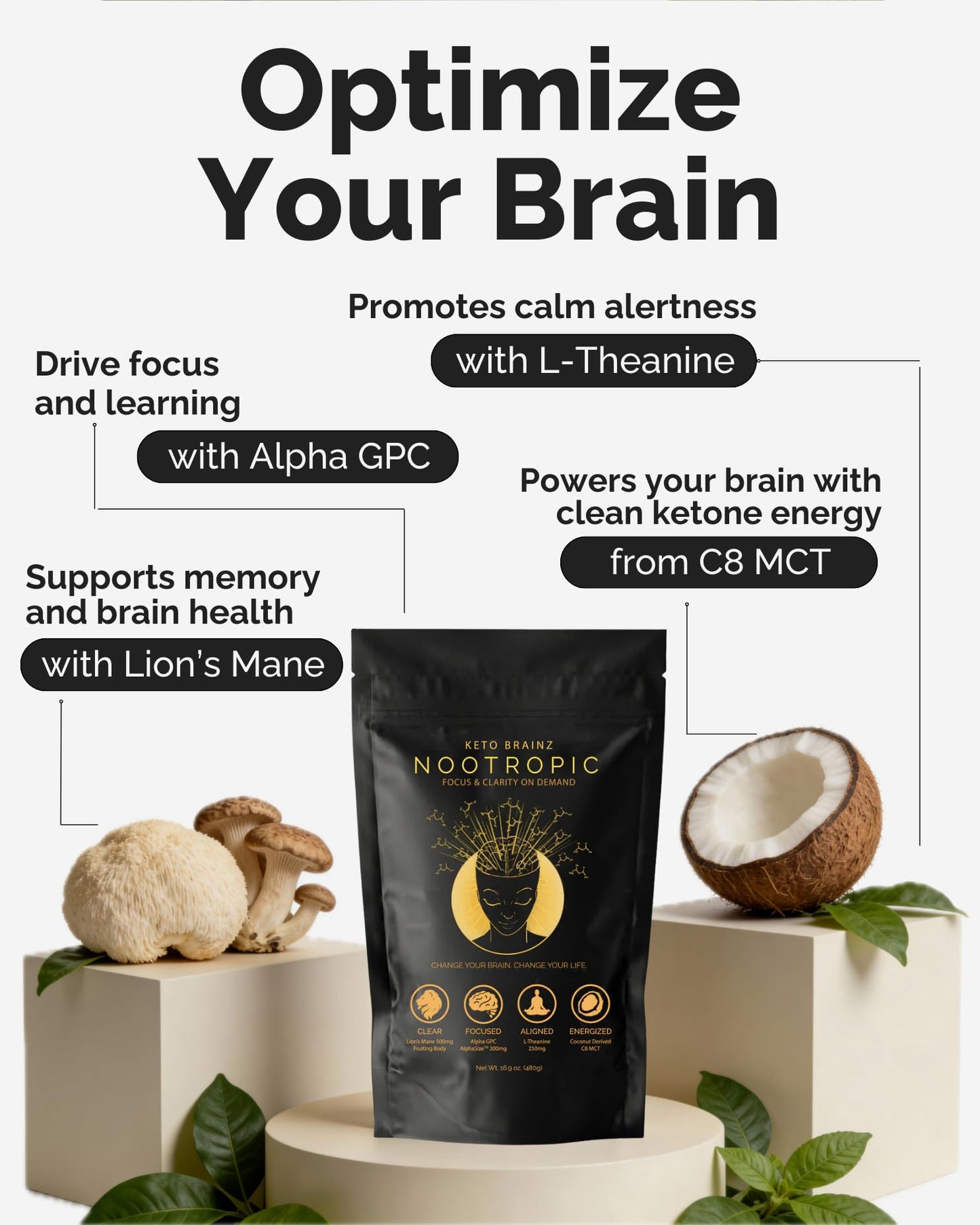 Keto Brainz Nootropic Creamer, C8 MCT, Lion's Mane Mushroom Powder 16