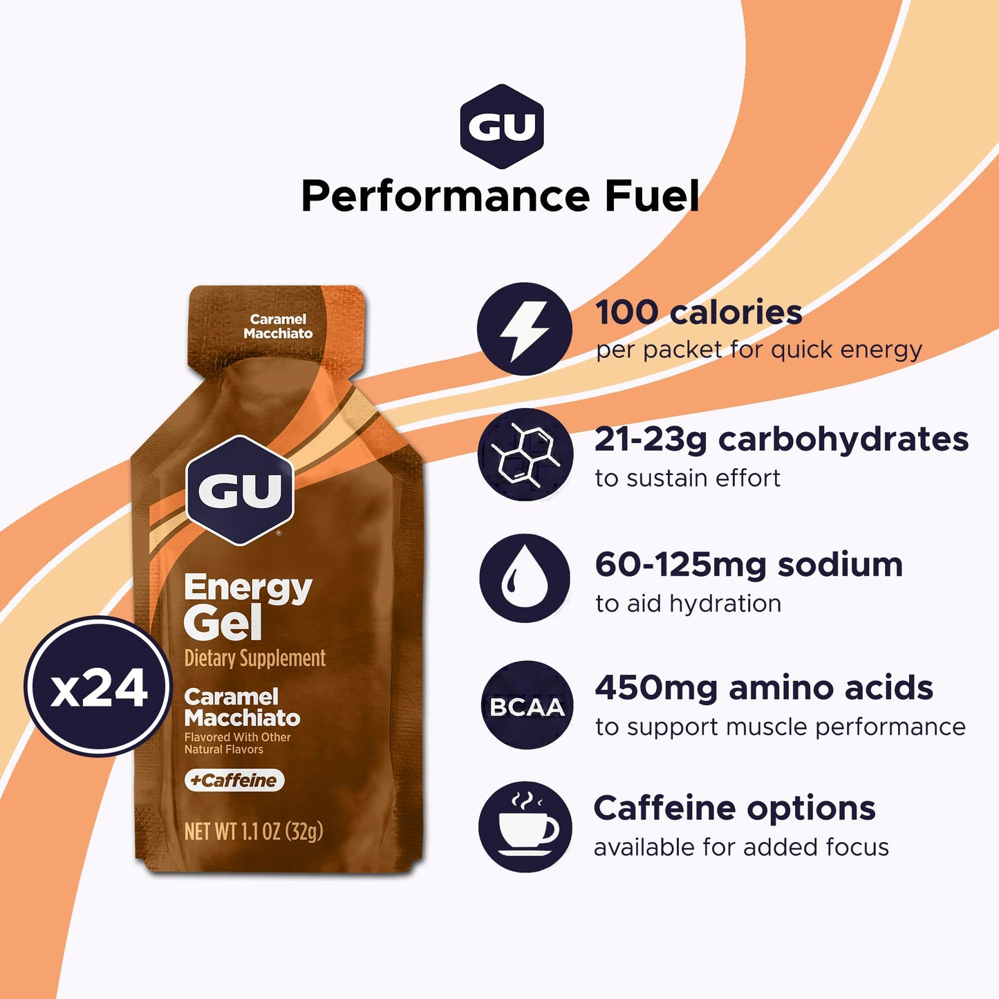 GU Energy Original Sports Nutrition Energy Gel, Caramel Macchiato, 24 Count Box