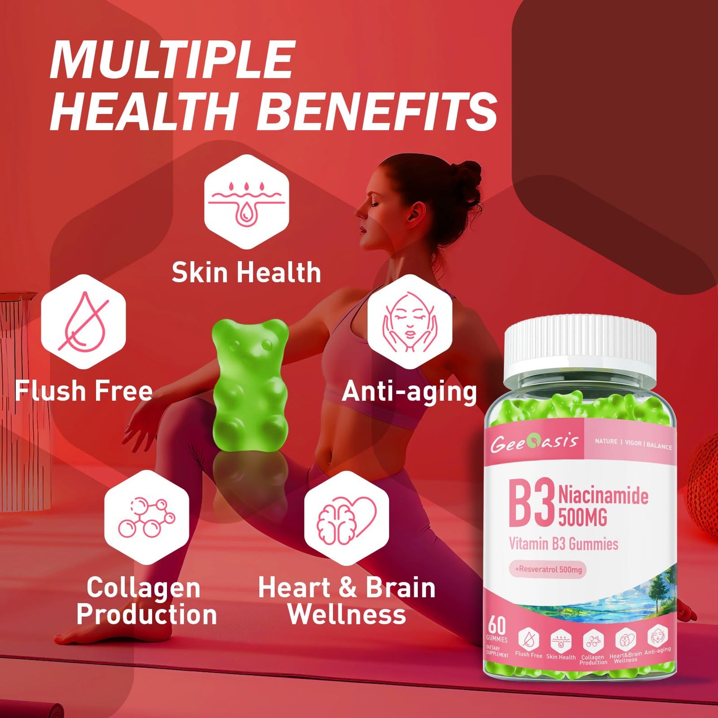 Geeoasis Niacinamide 500mg Gummies with Resveratrol 500mg, 60 Count
