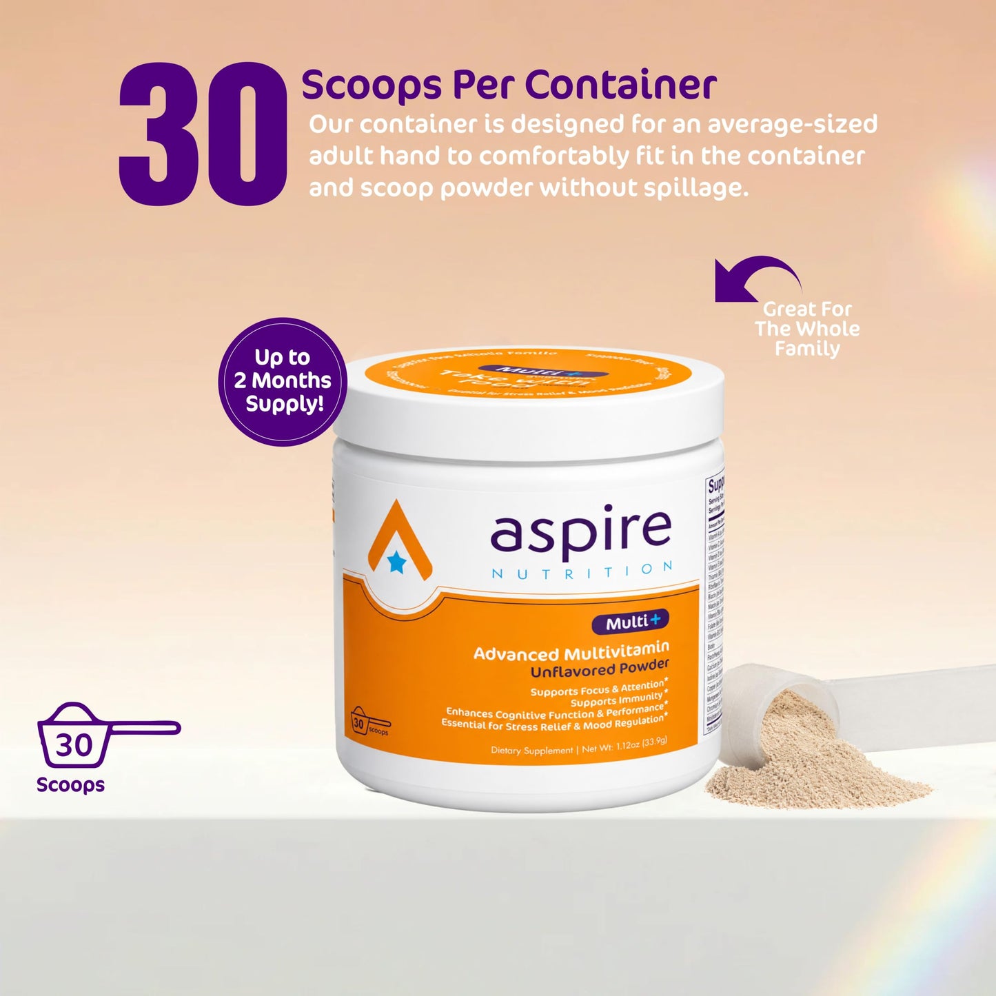 Aspire Nutrition Multi+ Advanced Multivitamin for Kids, Men & Women Powder, 30 Ounces