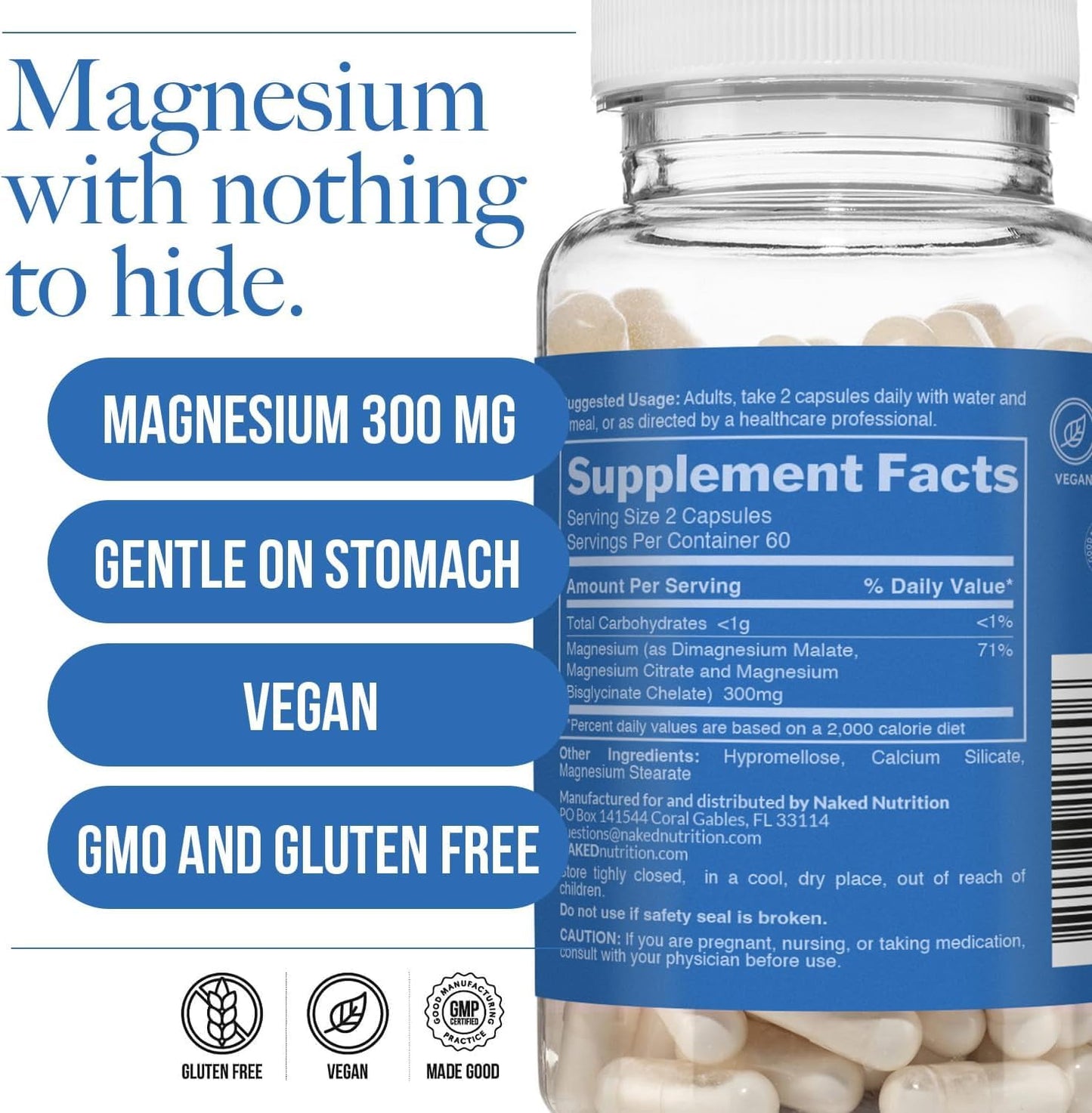 NAKED Magnesium Glycinate Complex Capsules, 300mg Magnesium, 120 Count