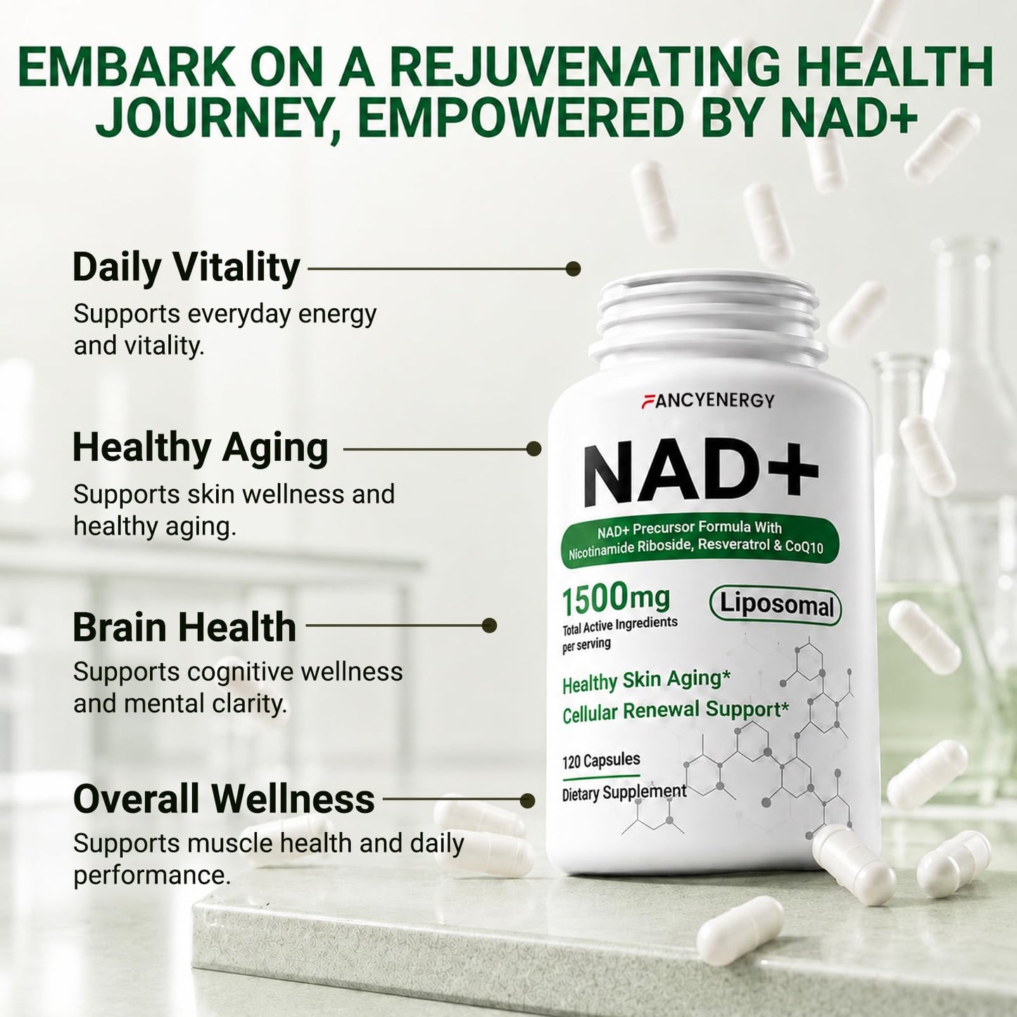 FANCYENERGY NAD+ Supplement Liposomal NAD Nicotinamide Riboside Resveratrol 1500 mg - Anti-Aging & Brain Health, Improve Energy - Specifically for Women and Men, 120 Capsules
